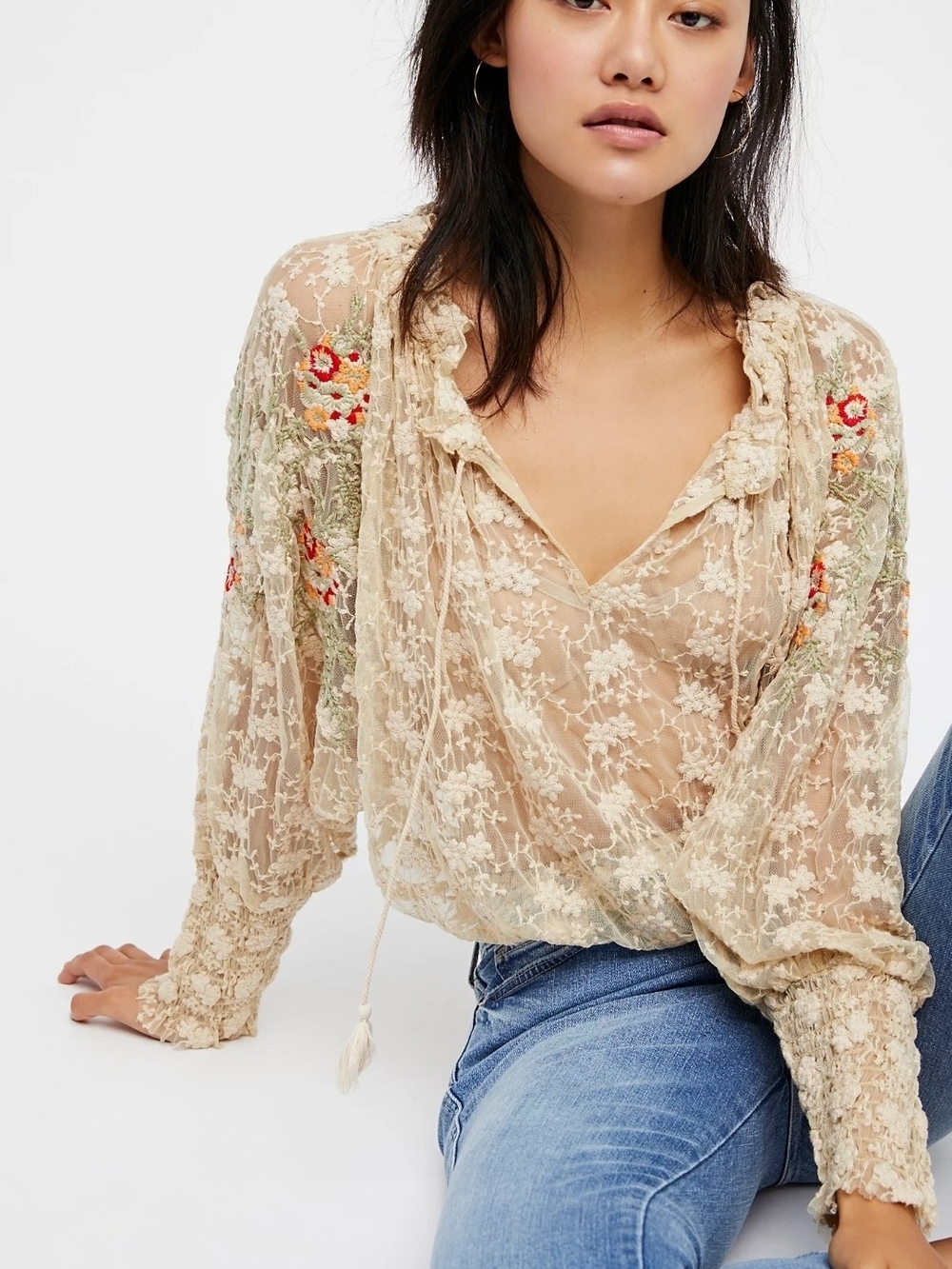 FREE PEOPLE Sheer Floral Embroidered Peasant Blouse - Cream
